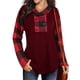 thumbnail image 1 of Top de mujer de manga larga con estampado a cuadros, blusa con capucha empalmada para traje de otoño e invierno, rojo vino M, 1 of 6