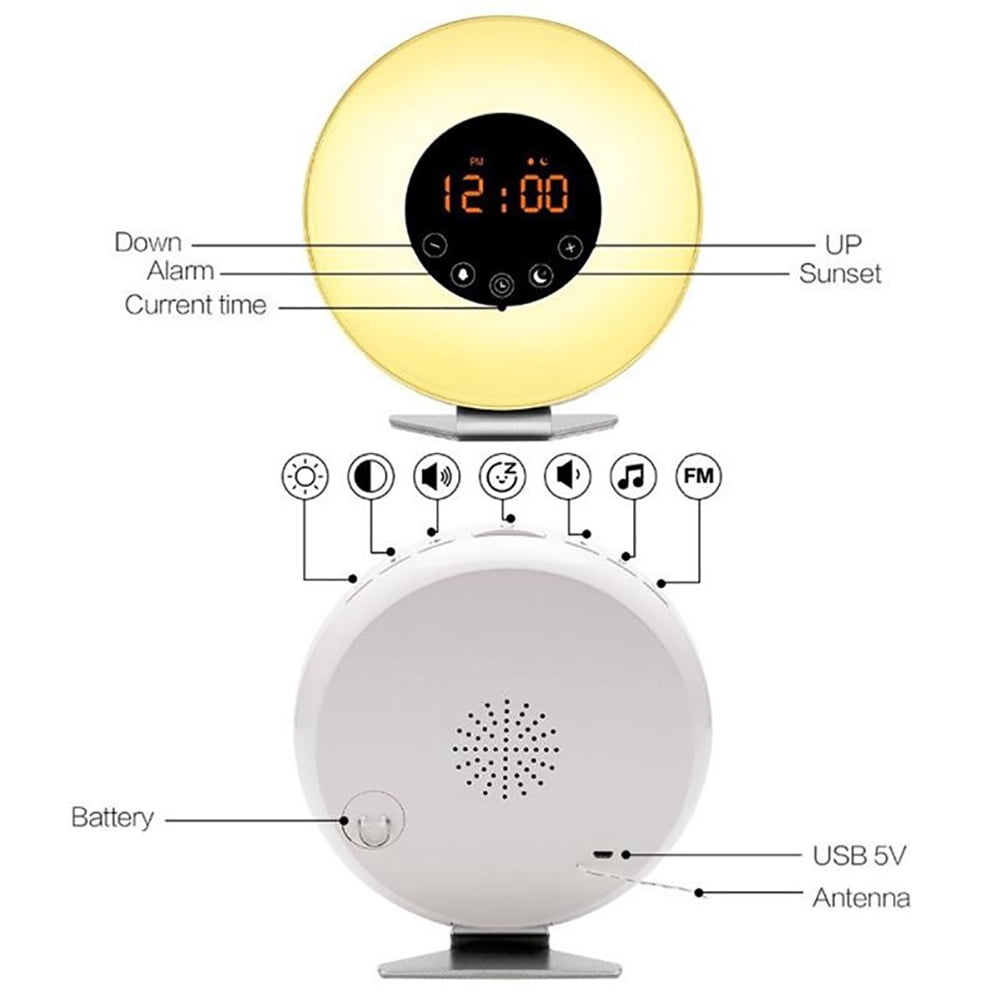 Farfi Sunrise Alarm Clock Wake Up Light Digital FM Radio Nature Sound Touch Control (White,US Plug)