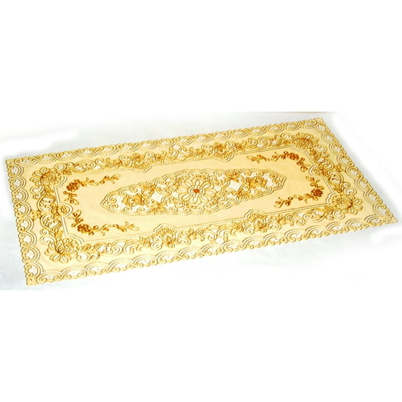 Pack of 3 Vinyl Table Runner, Placemat, Dresser or Nightstand Scarf 17x33 Inch Decorative Cut Work Floral Design Gold on Light Beige