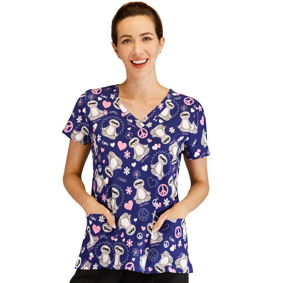 Minty Mint, Women's, Stretch Printed V-Neck Medical Scrub Top, Navy Pink, S