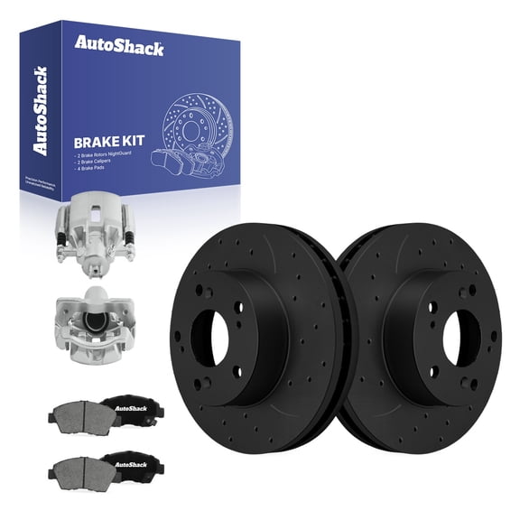 AutoShack Front Vented Drilled & Slotted E-Coated Brake Rotors Black Finish   Ceramic Pads   Calipers 8-PC Brake Kit Replacement for 2002-2006 Acura RSX 2005 Honda Civic NightGuard 10.31" (261.9 mm)