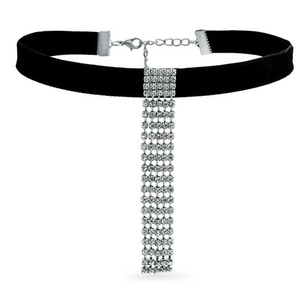 Waterfall Dangle (Choker Black Velvet White Crystal Dangle Waterfall Fringe Adjustable Prom Holiday Evening Necklace For Women For)