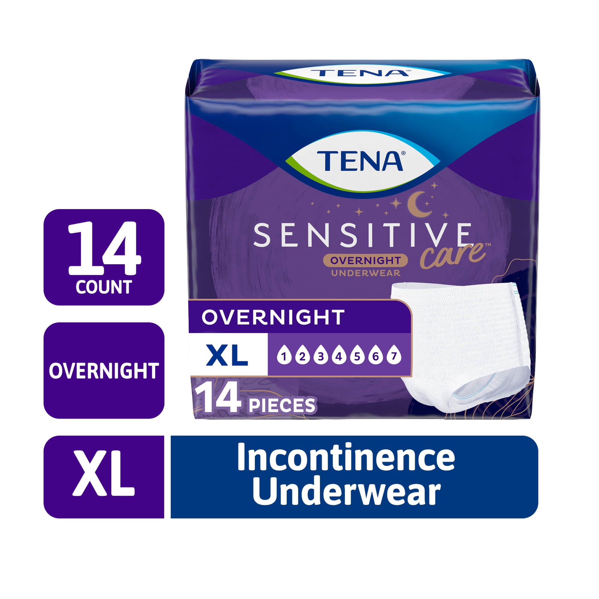 TENA Sensitive Care Overnight Underwear, XL, 14 Count (Waist size 39in-52in)