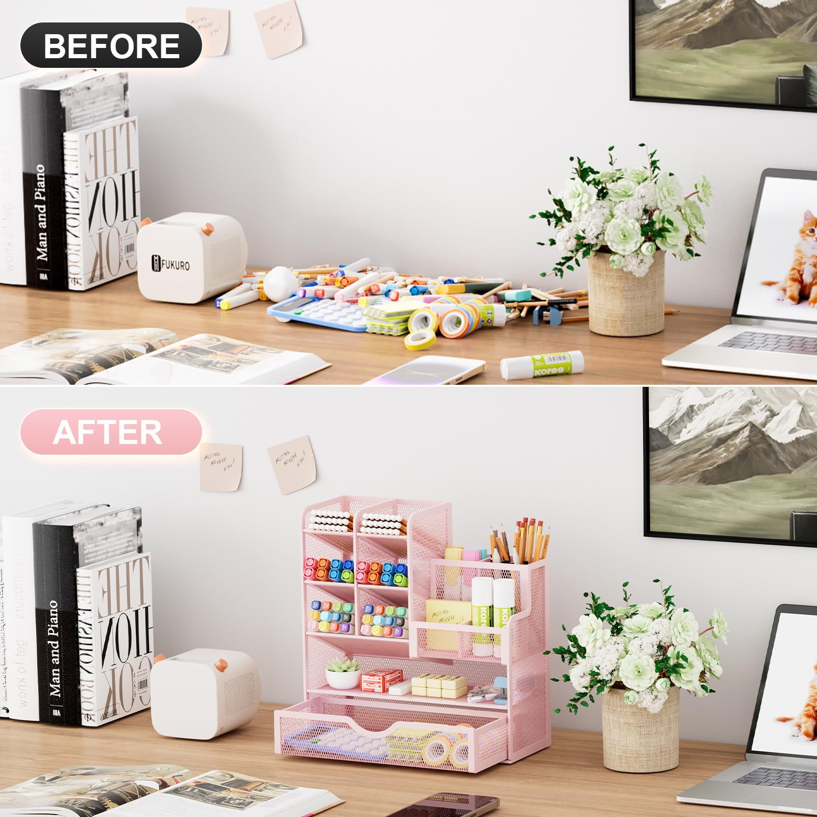 Marbrasse Mesh Pen Holder for Desk, Desk Organizer with Drawer, Multi-Functional Pencil Organizer, Accessories for Office Art Supplies (Pink)