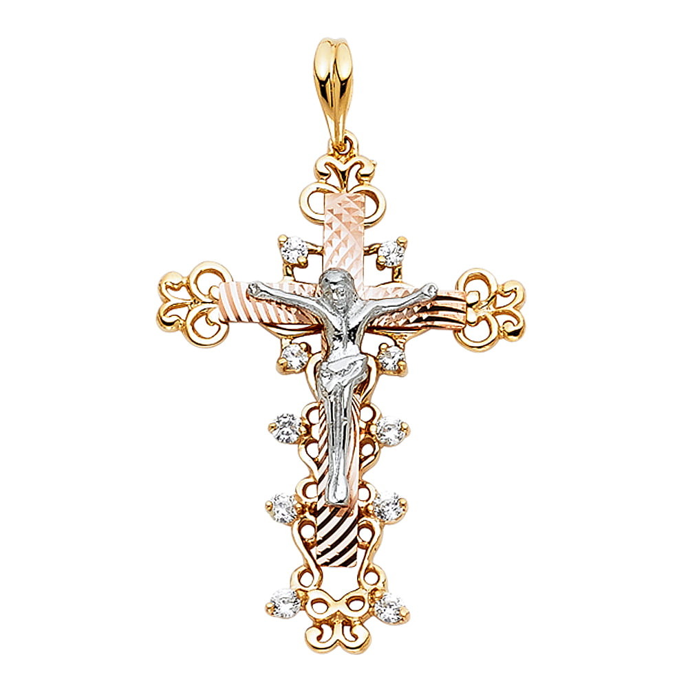 Crucifix Pendant CZ Solid 14k Yellow White Rose Gold Jesus Cross Charm  Religious Style Fancy 26 x 37 mm