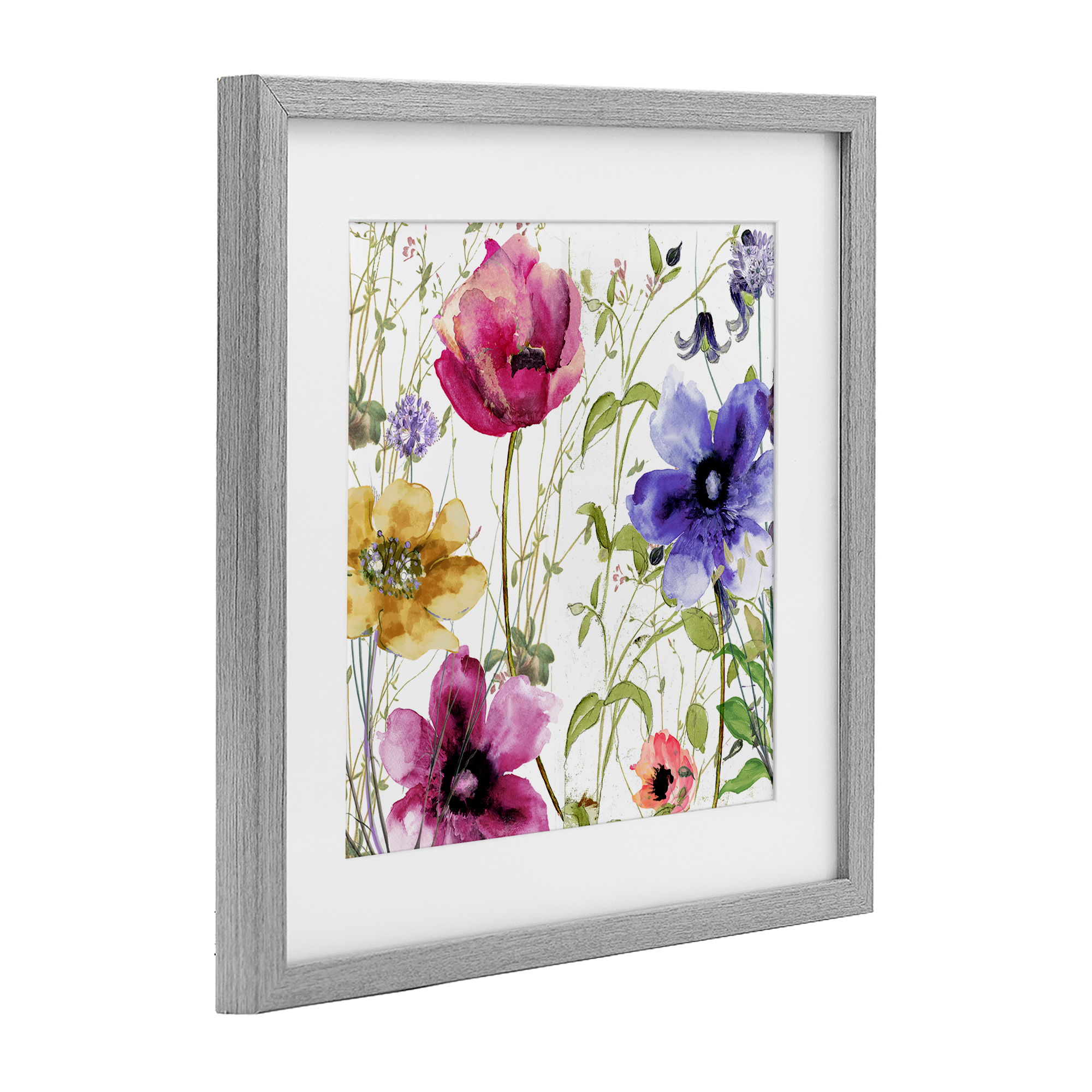 Botanical Spring Garden Blooms Gray Framed Print Under Glass, design by Sasha