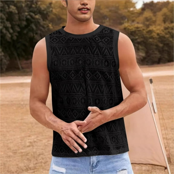 PNTUTB Summer Men's Solid Color Openwork Breathable Casual Crew Neck Sleeveless Loose Comfortable Tank Tops