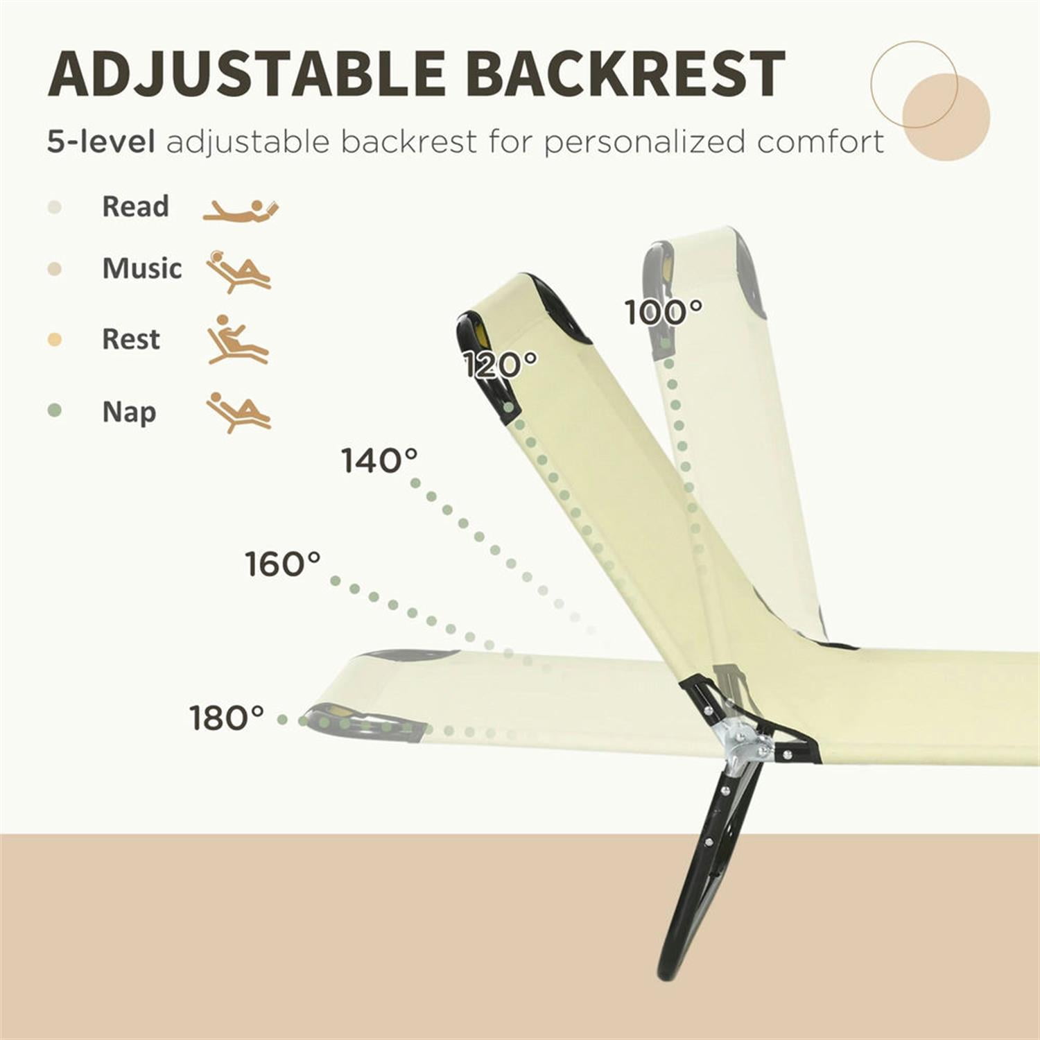 Demi Bonn 2-Piece Outdoor Collapsible Chaise Loungers with Steel Frame, 5-Position Reclining Folding Beach Chairs for Yard, Patio, Beige