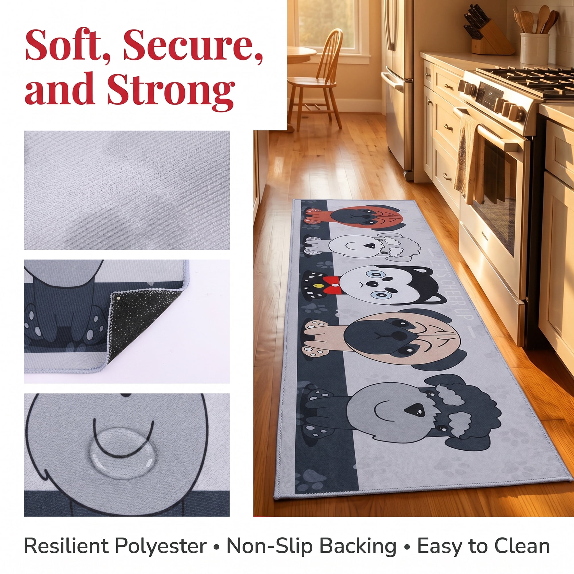 Unique Bargains Non Slip Dog Floral Printed Kitchen Rugs and Mats Gray 24"x16"+47"x16"