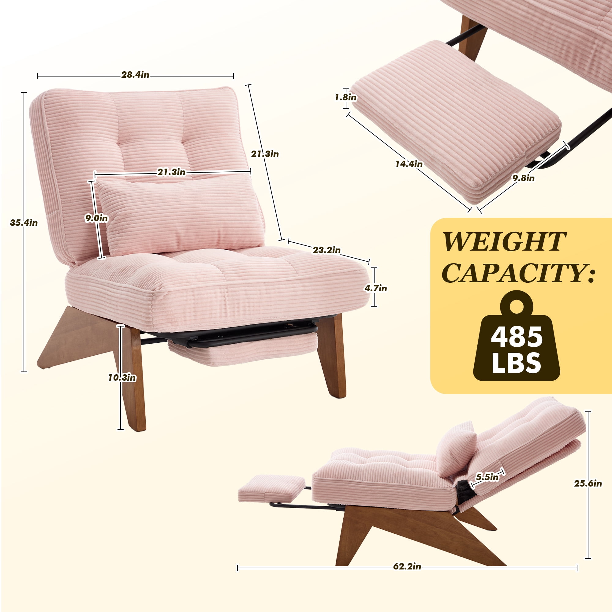 MOONMISS Modern Adjustable Lounge Chair with Footrest,Wooden Base Upholstered Recliner for Reading Rest Corduroy