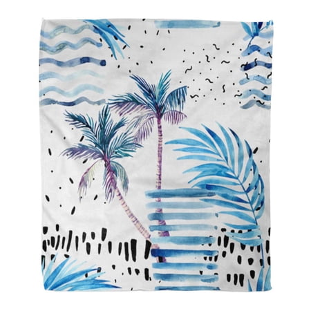 SIDONKU Throw Blanket Warm Cozy Print Flannel Abstract Summer Watercolor Palm Tree Leaves Doodles Brush Strokes Water Color Comfortable Soft for Bed Sofa and Couch 58x80 Inches