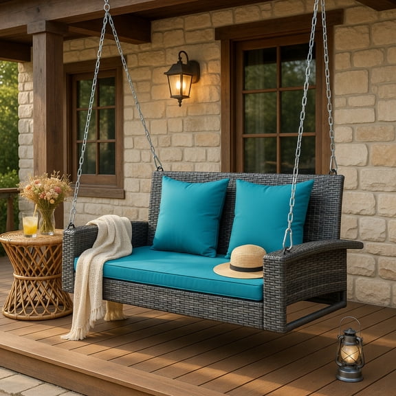 Topcobe 2-Person Patio Rattan Porch Swing with Cushions, Outdoor Patio Furniture for Balcony Garden Backyard -Turquoise