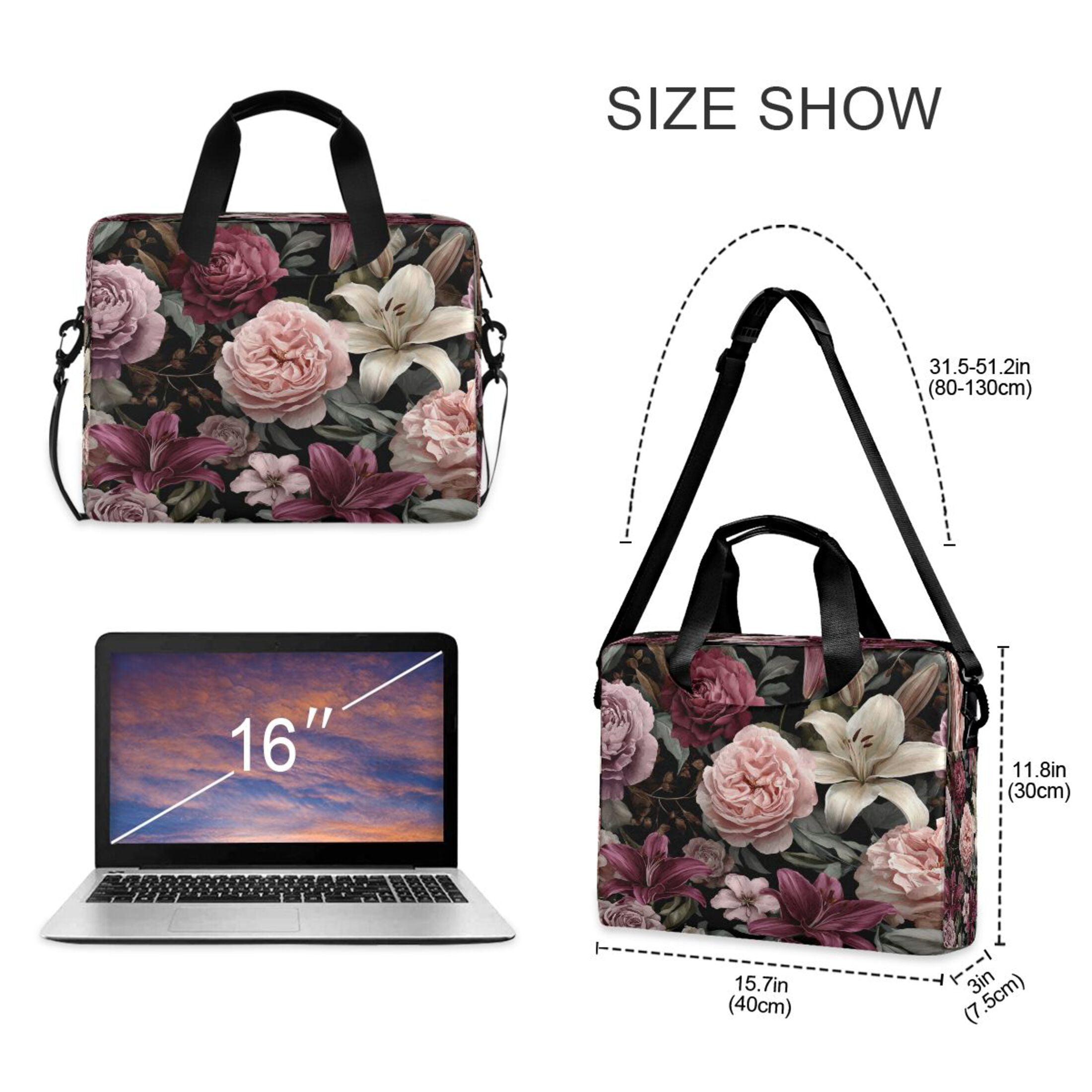 Laptop Bag Laptop Briefcase 15.7 x 3 x 11.8 Inches Laptop Bag Briefcases Laptop Storage Travel Laptop Bag Work Laptop Bag Dark Gray Flowers