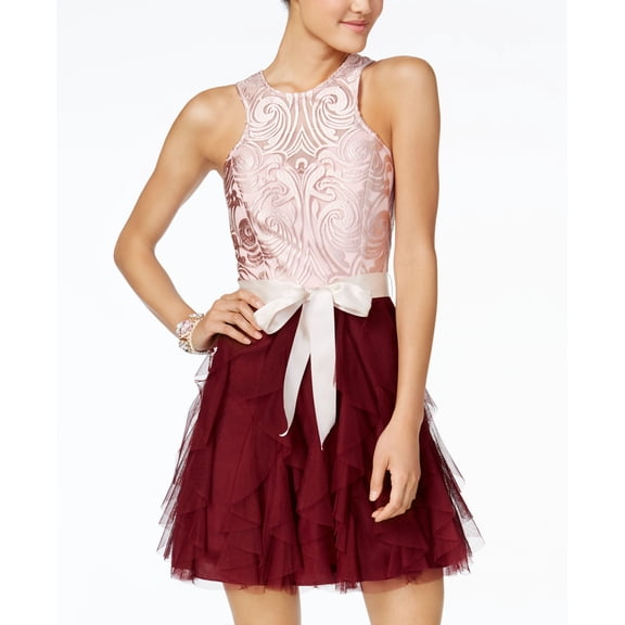 Teeze Me Juniors Mixed Media Fit Flare Dress Rose/Wine 0