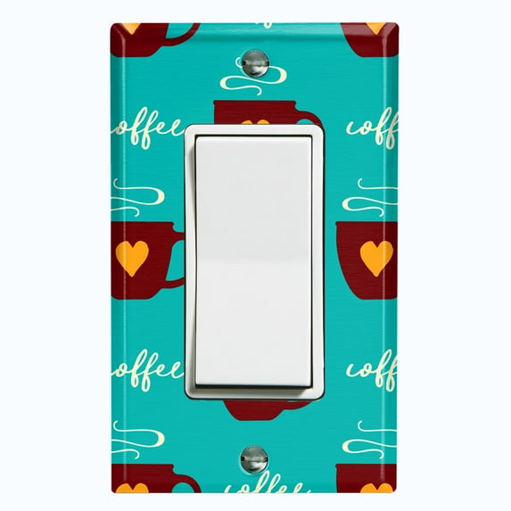 Metal Light Switch Wall Plate Outlet Cover (Coffee Espresso Mocha Cup Orange Heart Teal - Single Rocker)