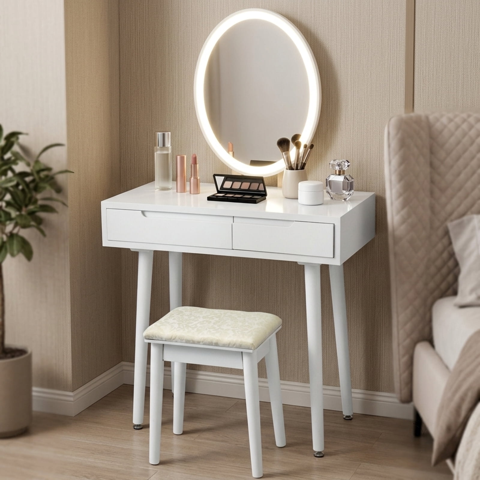 Furnibear Touch Screen Vanity Makeup Table Stool Set with Lighted Mirror for Bedroom Makeup Dressing Room Vanity Desk Mirror Set, White