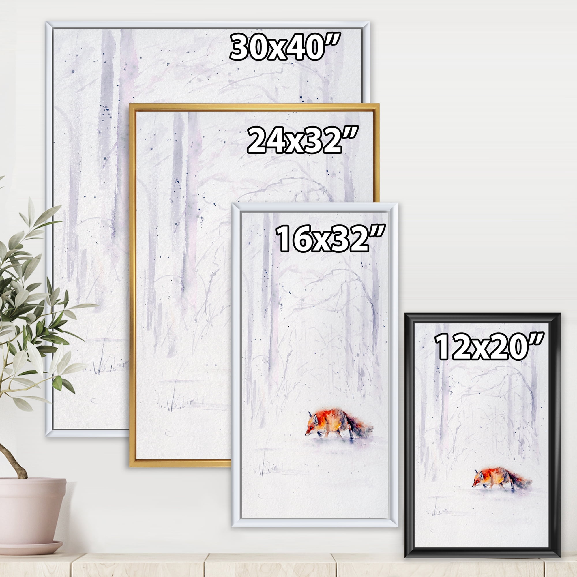 Designart 'Red Fox Running In White Snow in Countryside II' Farmhouse Framed Canvas Wall Art Print