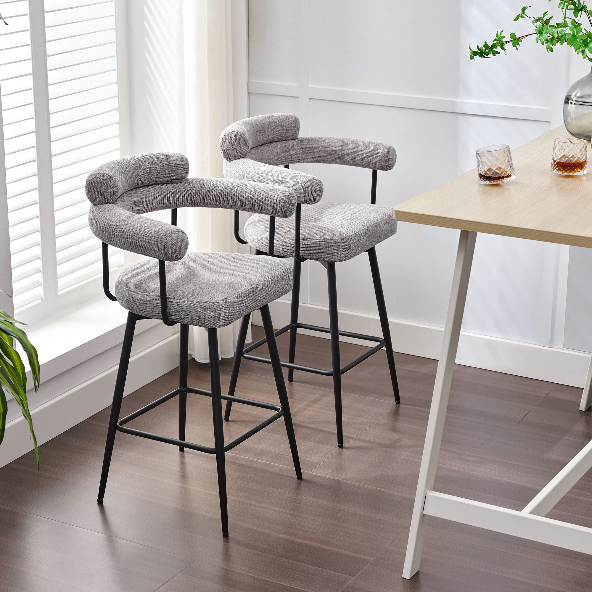 Zesthouse 26.7" Swivel Counter Stools Set of 2, Linen Upholstered Bar Stools with Back and Metal Legs, Modern Counter Height Chairs for Kitchen Island, Gray