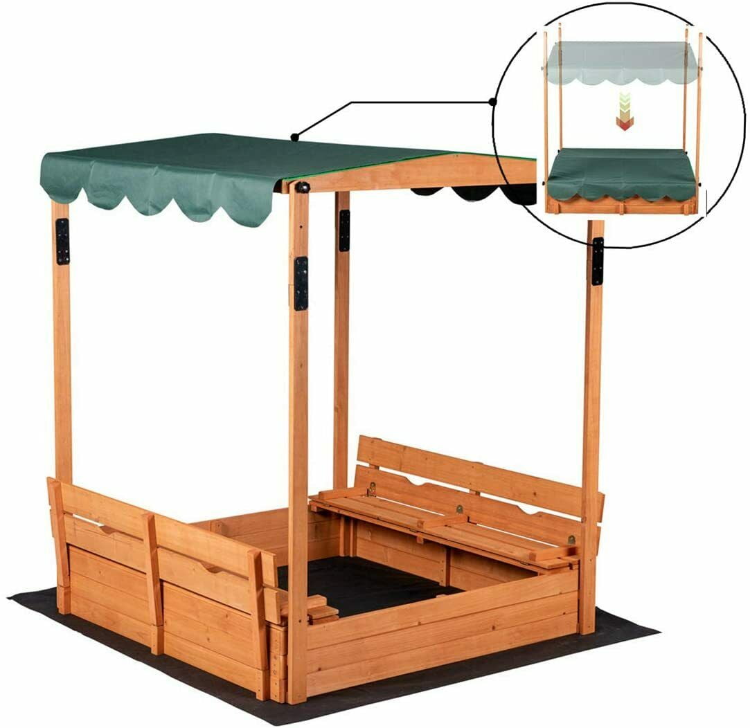 Wooden Sandbox with Convertible Cover Kids Outdoor Backyard Bench Play