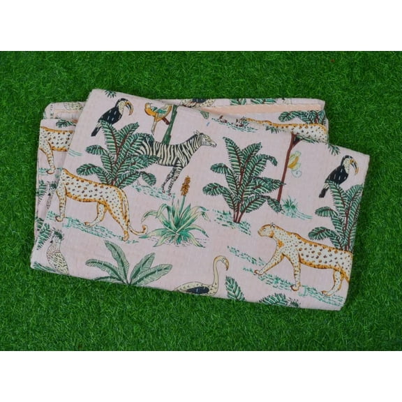 Yuvancrafts Indian Animal And Floral Print Kantha Quilt Kantha Throw Cotton Quilt Queen Size Handmade Quilt Bed Cover