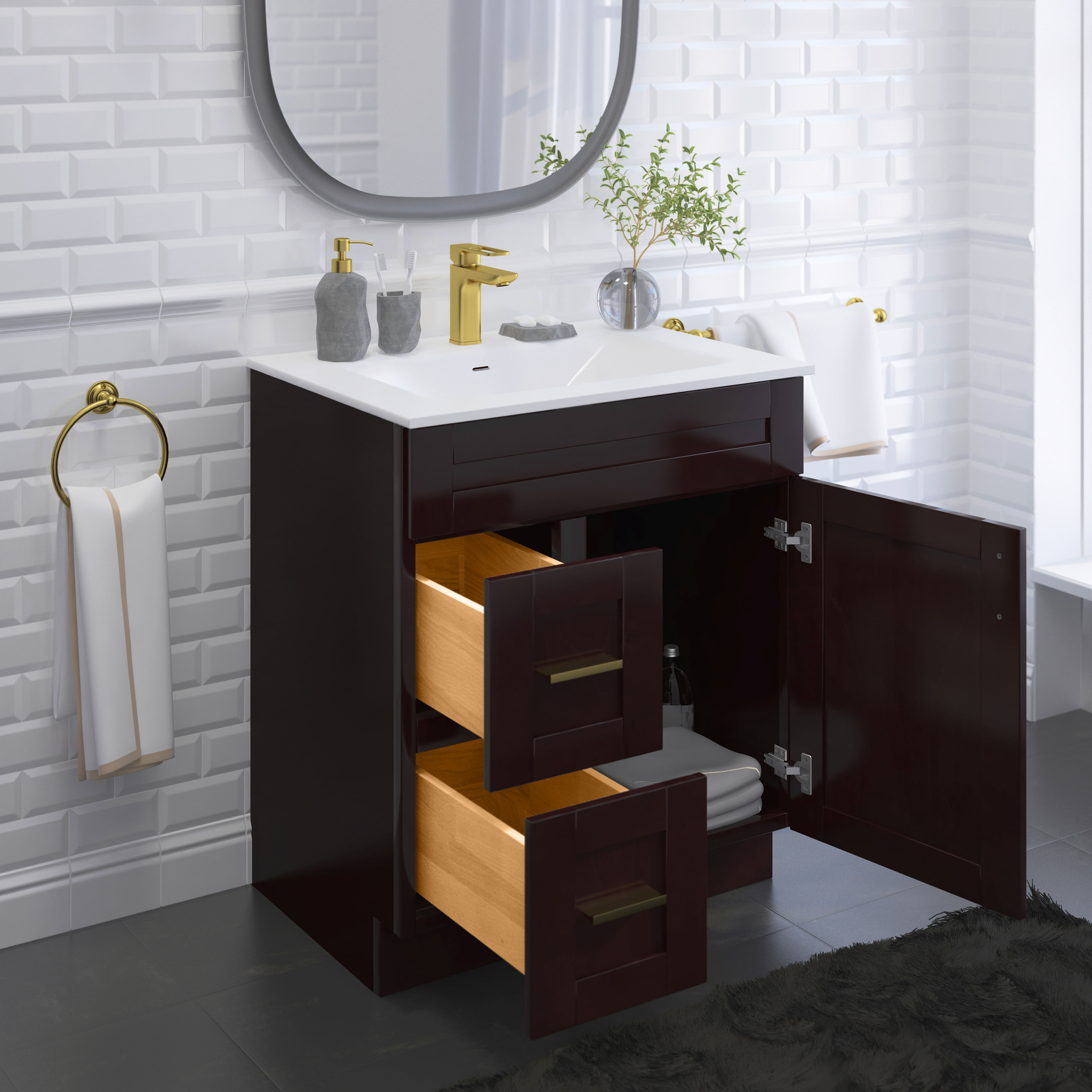 30" Shaker Bathroom Vanity Sink Base with Drawers (Ready-to-Assemble), Espresso Shaker Vanity Base