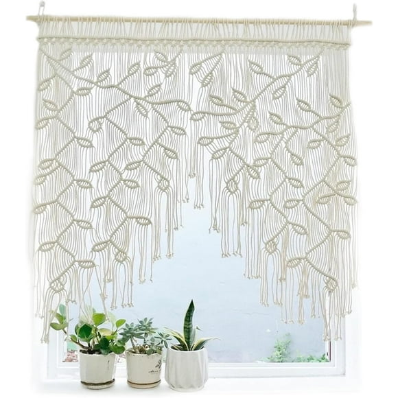 SURJDE Macrame Sliding Curtains Boho Woven Leaves Short Country Style Bistro Curtains Wall Hanging Macrame Door Curtain Short Curtain for Living Room Balcony Door Valances