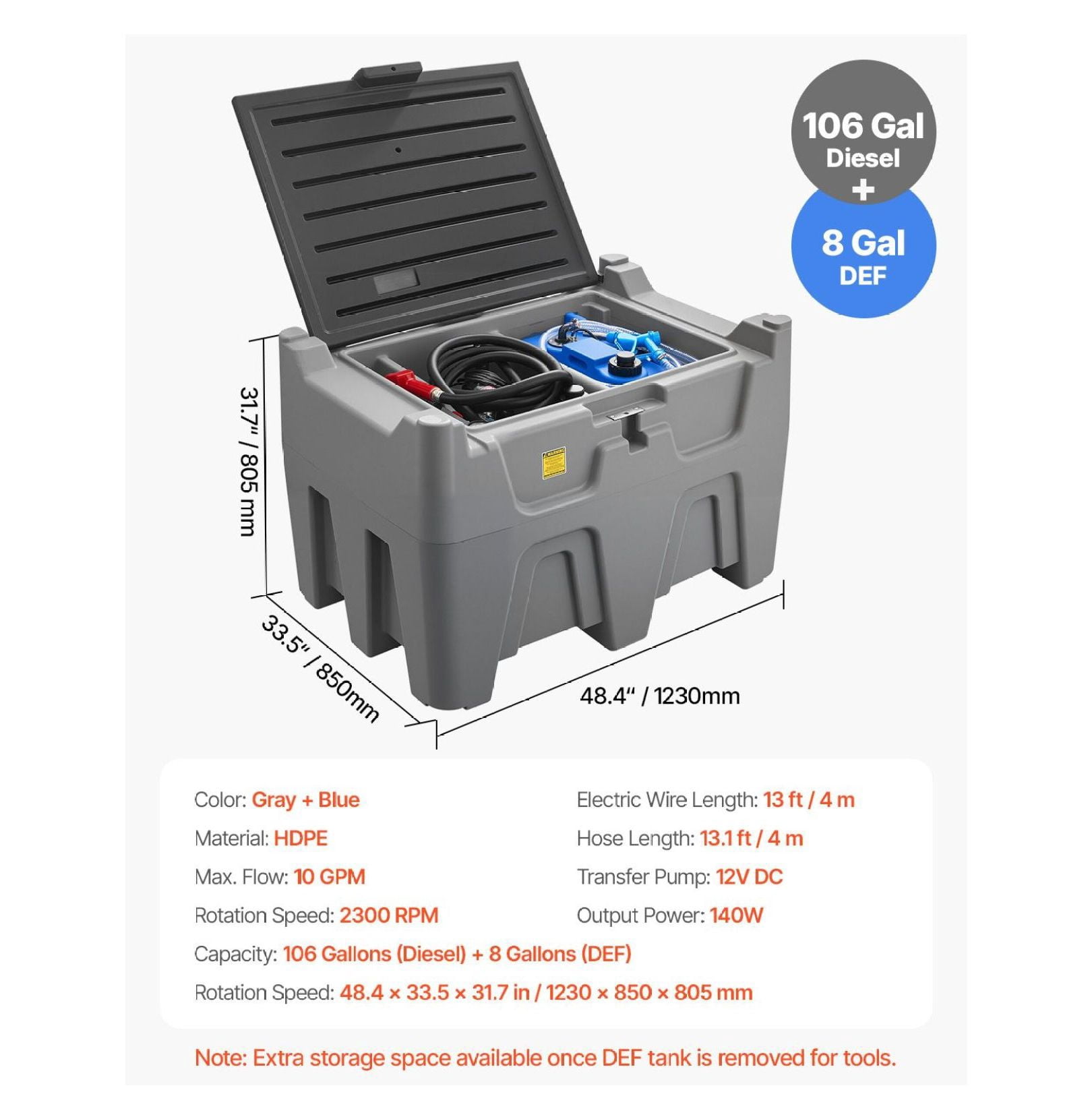 Portable Diesel Tank, 106 Gal Diesel & 8 Gal DEF, Fuel Transfer Tank with Pump, 10 GPM Flow Rate, Leakproof Gas Tank for Transportation