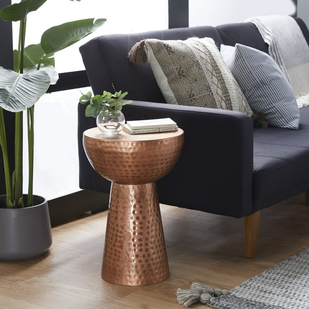 DecMode 14" x 20" Copper Metal Accent Table with Hammered Design, 1