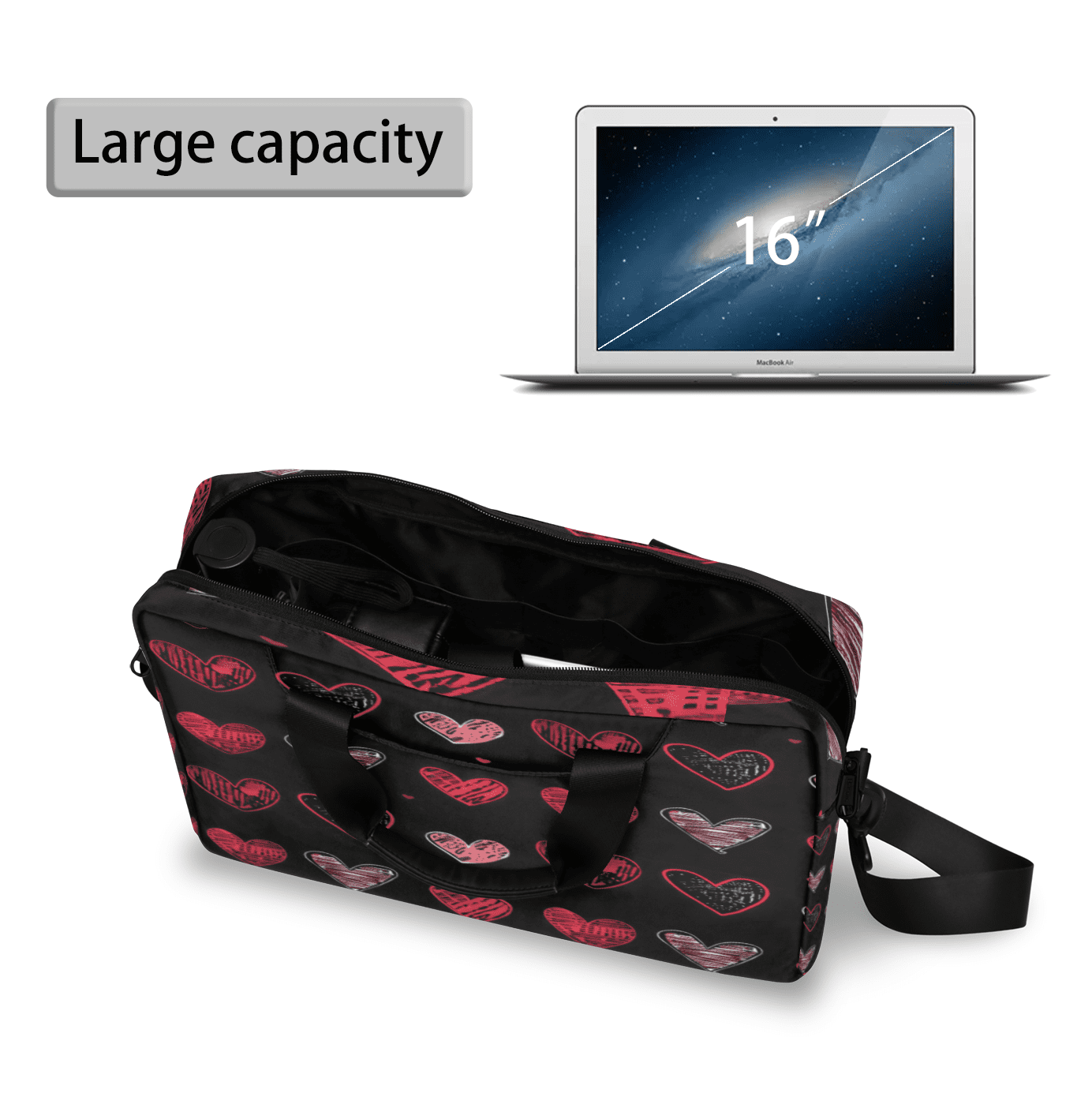 Herdesigns Valentine's Day Black Red Heart Laptop Bag for Women Men, Computer Case Briefcase Messenger Bags, 15-15.6 inch Laptop Sleeve Shoulder Bag