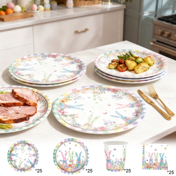 Set de platos de papel de Pascua – Vajilla temática de conejitos, desechable, multicolor, paquete de 25, material festivo resistente, de 7-9 pulgadas, fácil de limpiar, material premium
