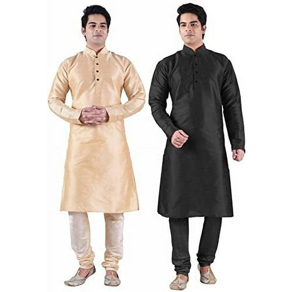 Royal Kurta Men's Silk Blend Kurta Churidar Set Of 2 Multi-Colour-Black