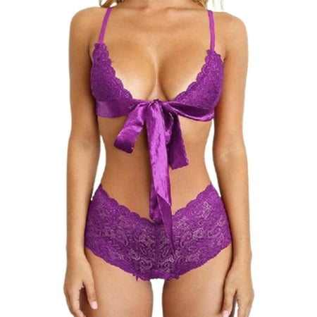 

Women s Underwear Three-Point Seductive Lace Cross Strap Bra Breathable Comfortable and Charming Best Girl Gift Purple M