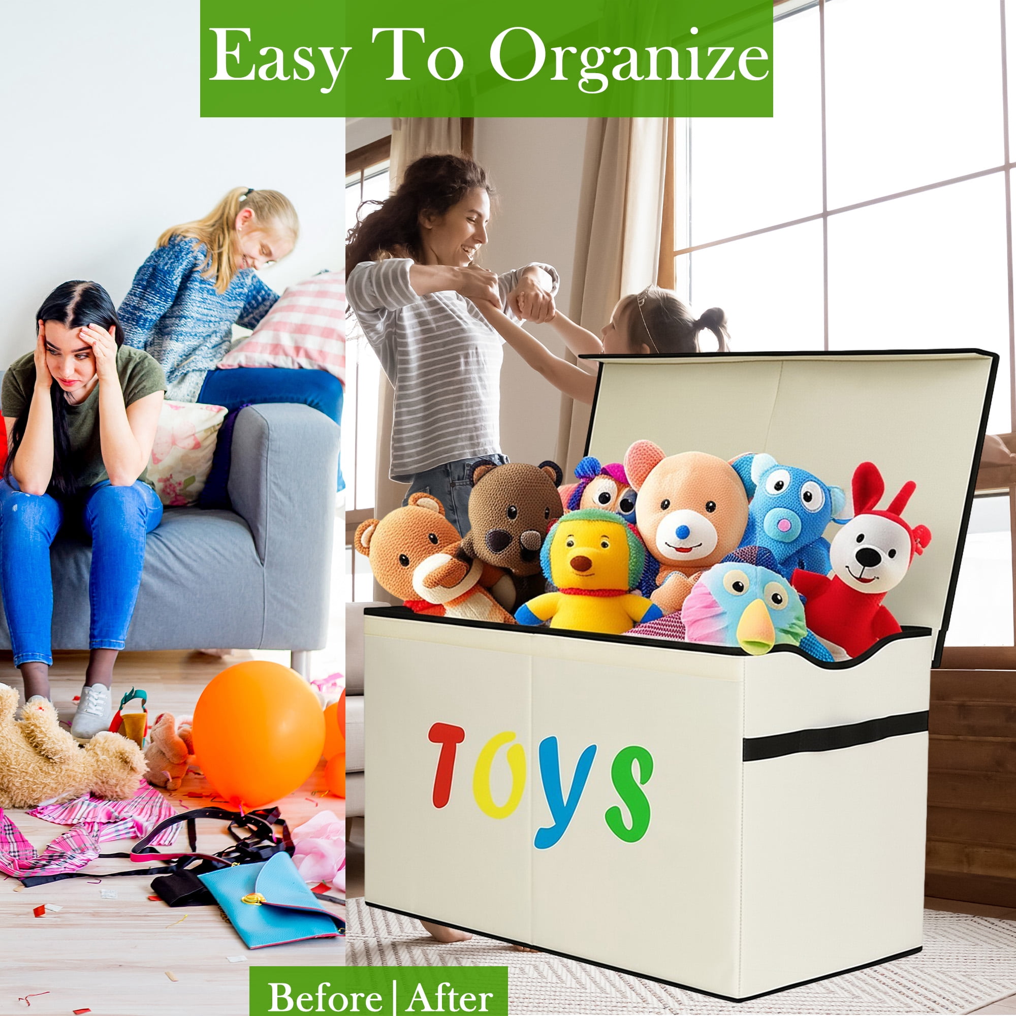 VICTORICH Extra Large Child Collapsible Toy Storage Fabric 32 gal Kids Room Toy Chests with Lid, Beige