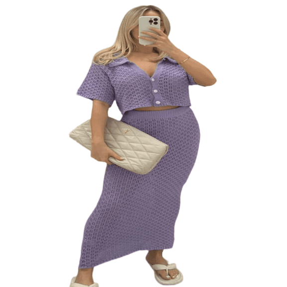 LYMAYTER Women Casual Dresses Set Knit V-Neck Button Short Sleeve Top Bodycon Long Skirt 2 Piece Outfits S-L