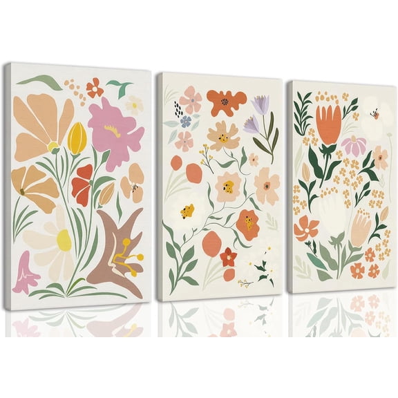 VELVET Abstract Flower Market Wall Art vintage Floral Decor Canvas Prints Set of 3 Colorful plant Decor Minimalist Pictures Painting for Living Room Bedroom Dining Room Bathroomin 8x10inch Framed
