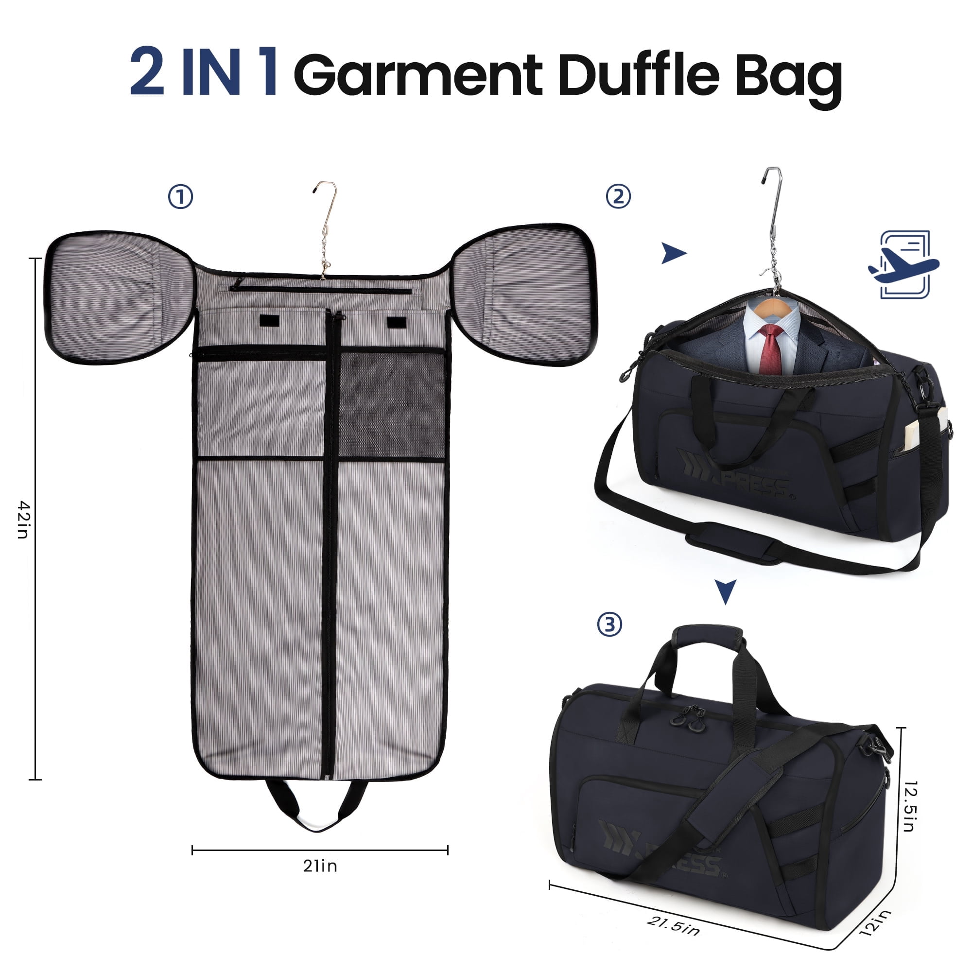 Convertible Garment Duffel Bag with Shoulder Strap, Foldable Duffle Bag for Men Women, 2-in-1 Hanging Suitcase Suit Travel Bag, Navy - GB261