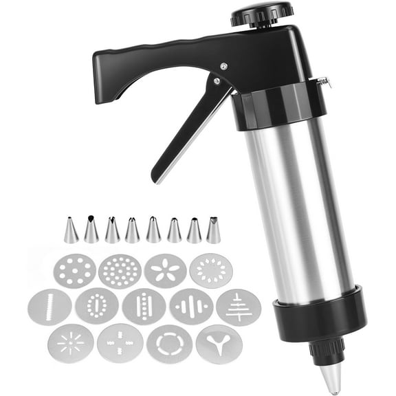 Stainless Steel Cookie Press Gun Kit - Includes 13 Cookie Discs and 8 Piping Tips, Ergonomic Design