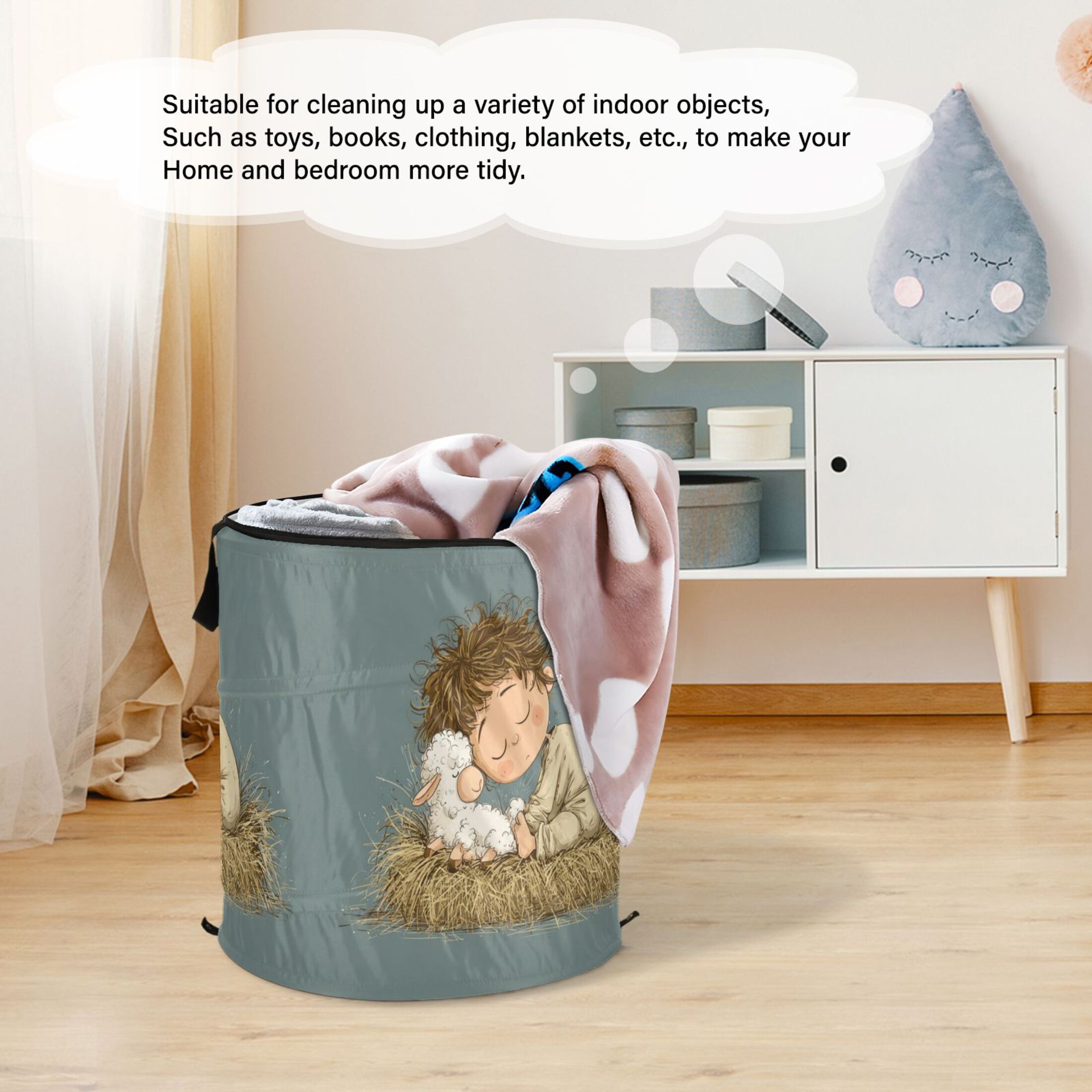 50L Extra Large Popup Hamper Collapsible Laundry Basket With Zippered Lid 15.7x18.5in A Cute Boy Sleeps with Lamb