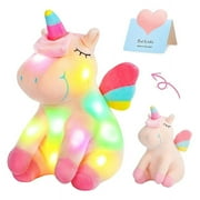 LED Rainbow Unicorn Doll Toys Animal Soft Music Plush Doll Stuffed Sleeping Unicorn Gift for Girls Kids Room Bed Pillow Birthday Pink-LED