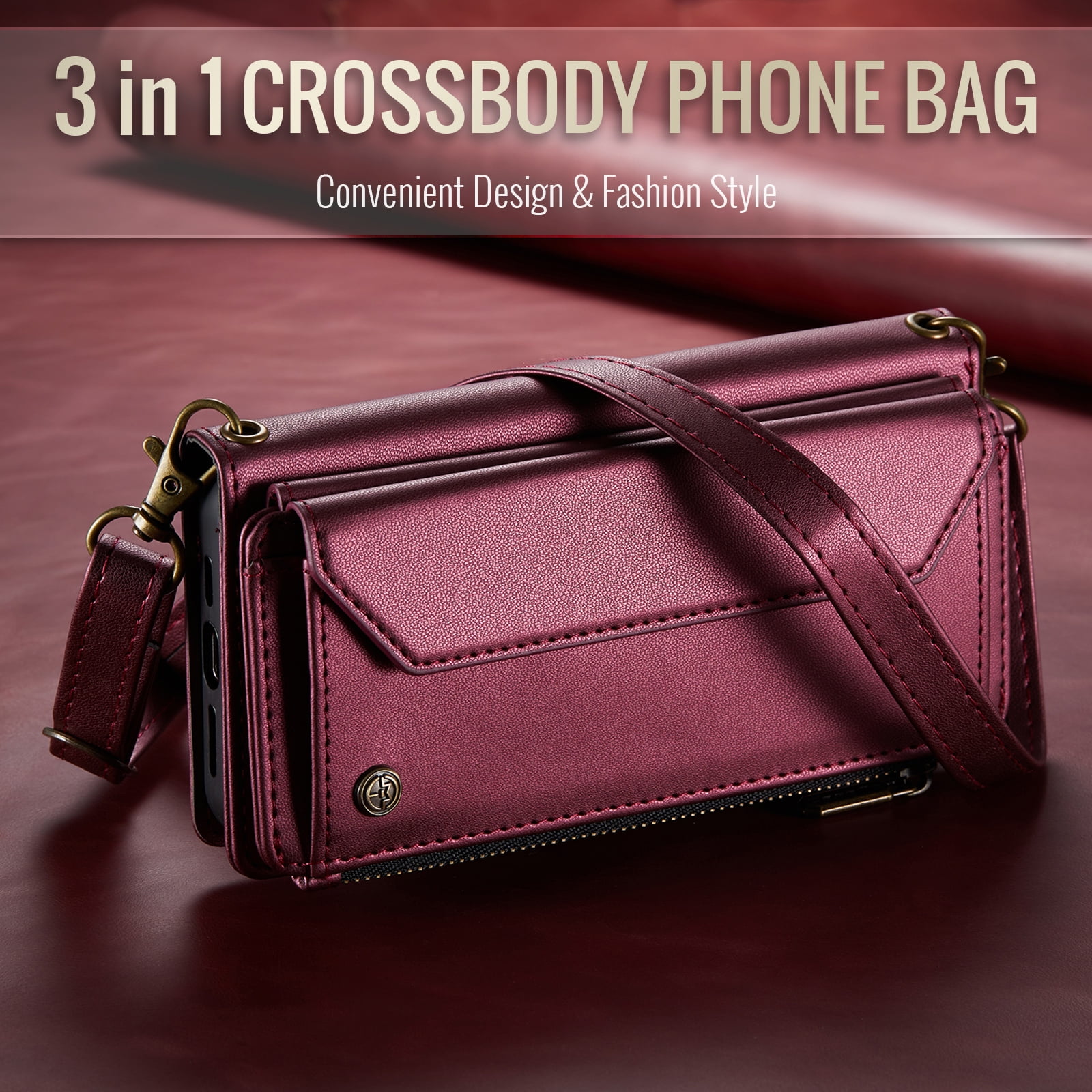 for Samsung Galaxy S23 Plus Full Body Protection Wallet Folio Flip Case, Shoulder Strap & Wristlet Card Slots Zipper Pocket RFID Blocking Rugged Durable PU Leather Phone Case Cover, Winered