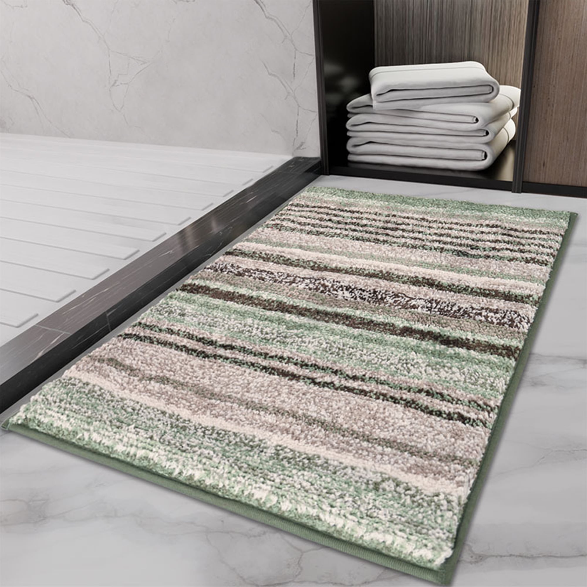 Unique Bargains Striped Bathroom Mat Soft Non-Slip Quick Dry Bath Rugs Green 20" x 32"