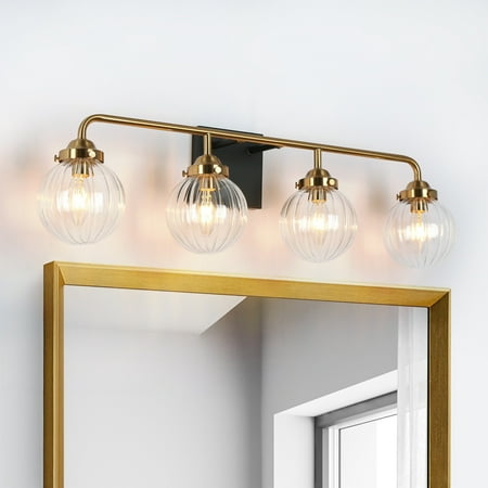 

Modern 4-Light Black Gold Bathroom Linear Vanity Lights Globe Glass Wall Sconces - 28.5 L x 6.5 W x 8 H