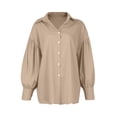 thumbnail image 5 of CIENVNSTG 2026 Women's Spring Fall Trendy Casual Lapel Button Down Shirt Lantern Puff Long Sleeve V Neck Loose Solid Plus Size Oversized Blouse Top Smooth Office Work Outfit Khaki M, 5 of 6