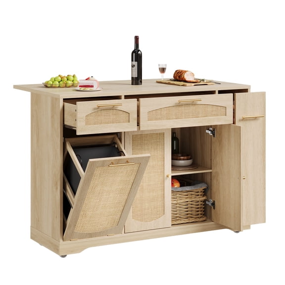 Rolling Rattan Kitchen Island Cart with Drop Leaf – 53.1" Wide Mobile Cabinet with Trash Can, 2 Doors, 2 Drawers & Spice Rack, Multifunctional Kitchen Storage Cart on Wheels