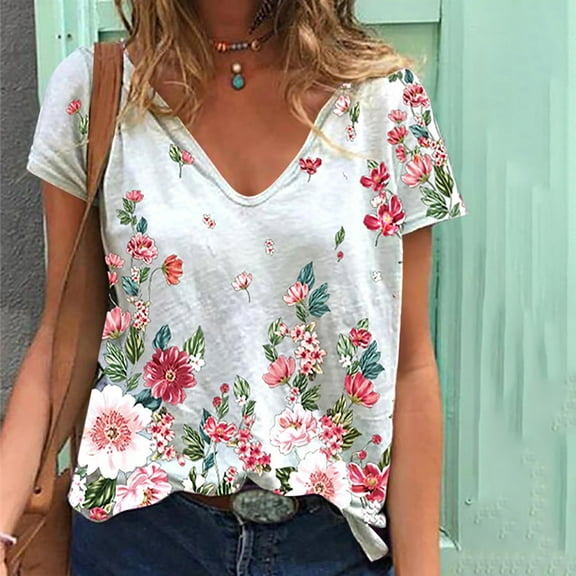 Prime Day Sales Today 2025!GaThRRgYP Womens Shirts Clearance,Wome Fashion Peony Printed Short Sleeve V-Neck Top Blouses White S