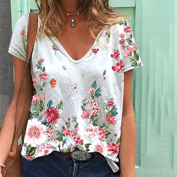 Débardeurs d'Été Grande Taille pour Femmes Mode Femme Pivoine Imprimé Manches Courtes Col en V Haut Blouses T-Shirt Col en V Femmes en Liquidation