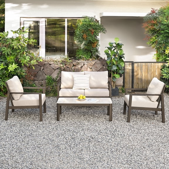 HAPPATIO 4-Pc Aluminum Outdoor Conversation Set, Include Loveseat, Single Sofa x2, Coffee Table,