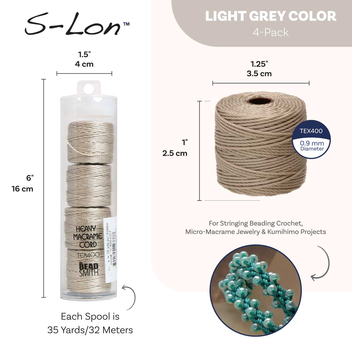 The Beadsmith S-Lon Heavy Nylon Cord – Light Grey Color – TEX400, .9mm Diameter, 4-Pack, 35 Yard Spools – For Stringing Beading Crochet, Micro-Macrame Jewelry & Kumihimo Projects