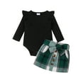 thumbnail image 1 of WIFORNT Baby Girls Autumn Outfit Sets Solid Color Long Sleeve Ruffle Romper + Plaid Skirt with Belt, 1 of 9