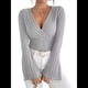 thumbnail image 1 of Camiseta de Larga Ajustada con Cuello en V Acanalado para Mujer, Top Informal de Moda con Mangas Acampanadas. Gris L, 1 of 9